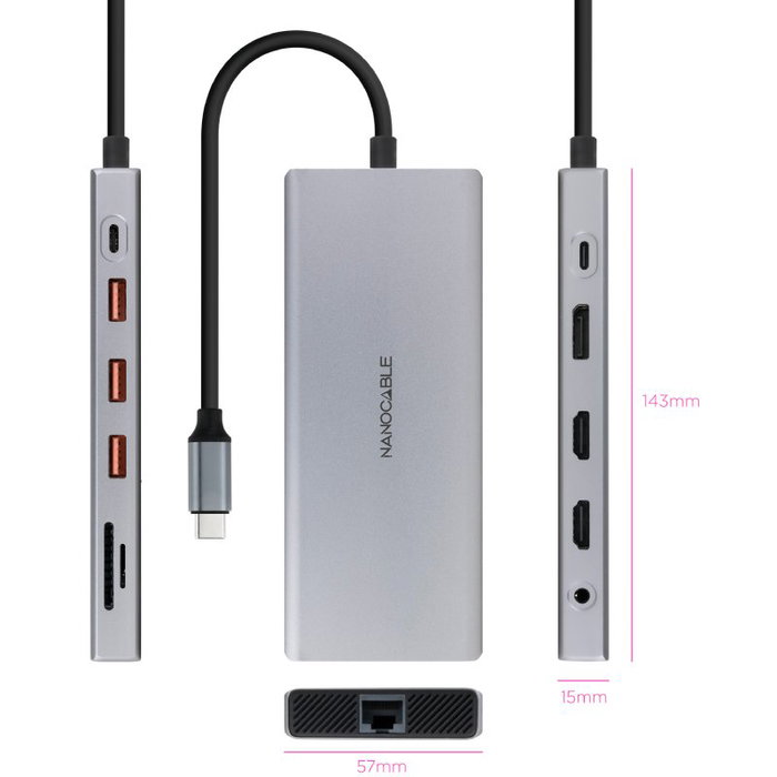 Nanocable Hub USB-C 12 en 1 con HDMI 4K, DisplayPort y PD 100W Gris